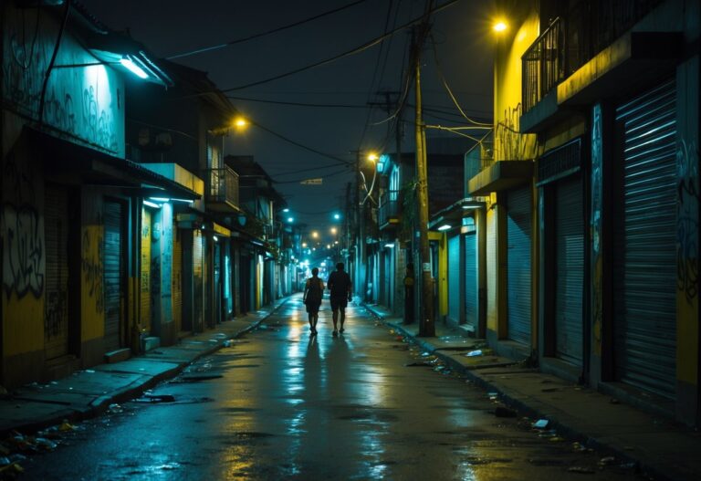 Rua estreita e mal iluminada em um bairro perigoso de Cabo Frio à noite, com prédios antigos, poucas pessoas caminhando e postes de luz acesos.