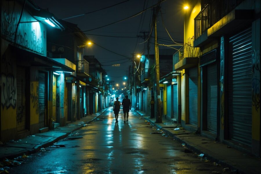 Rua estreita e mal iluminada em um bairro perigoso de Cabo Frio à noite, com prédios antigos, poucas pessoas caminhando e postes de luz acesos.