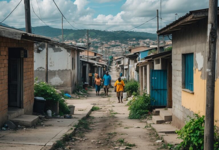 Bairro urbano de João Pessoa com casas simples e ruas estreitas, mostrando moradores em atividades cotidianas.