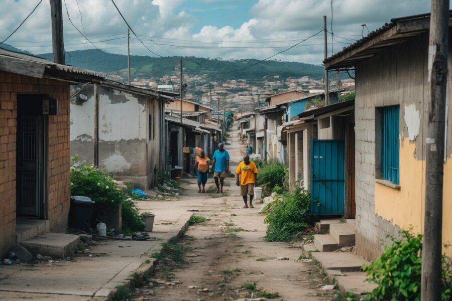 Bairro urbano de João Pessoa com casas simples e ruas estreitas, mostrando moradores em atividades cotidianas.