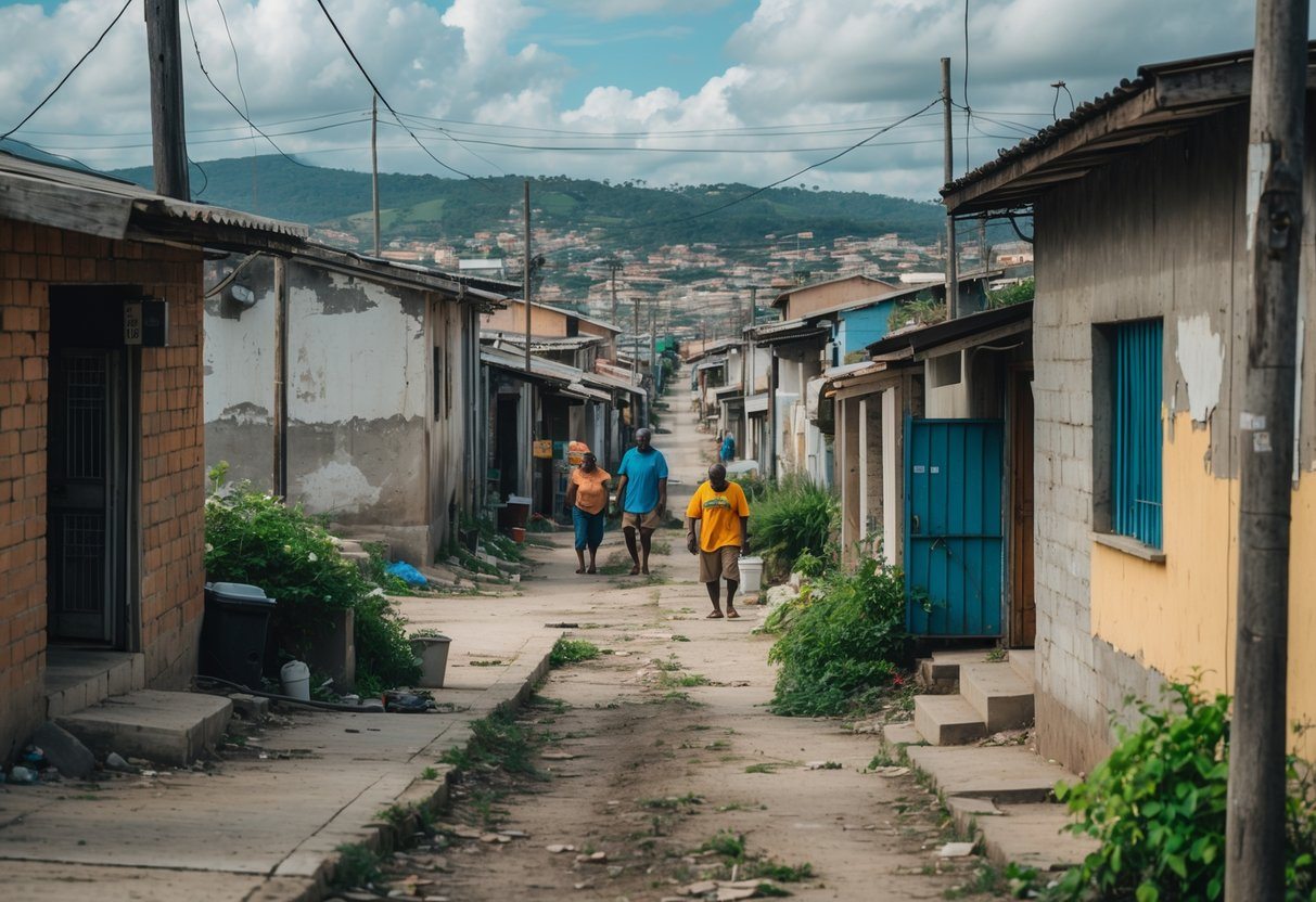 Bairro urbano de João Pessoa com casas simples e ruas estreitas, mostrando moradores em atividades cotidianas.