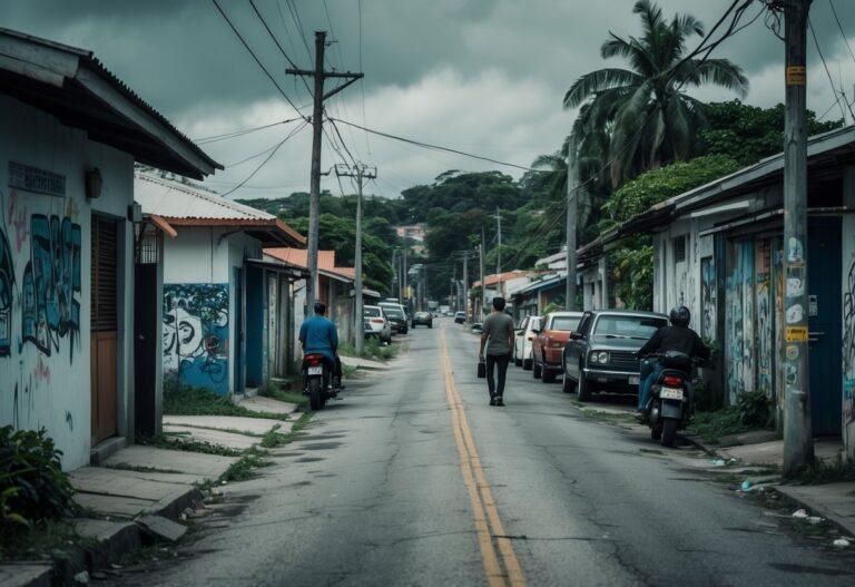 Rua residencial em um bairro de Campinas com casas simples, algumas pichações, pessoas caminhando e carros estacionados.