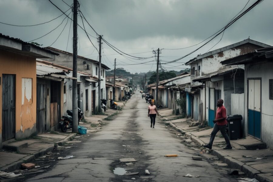 Bairro modesto em Piracicaba com casas simples, ruas estreitas e moradores nas calçadas.