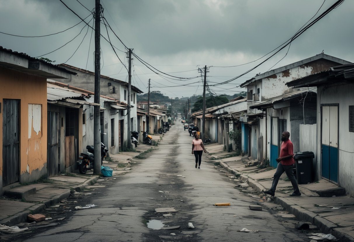 Bairro modesto em Piracicaba com casas simples, ruas estreitas e moradores nas calçadas.