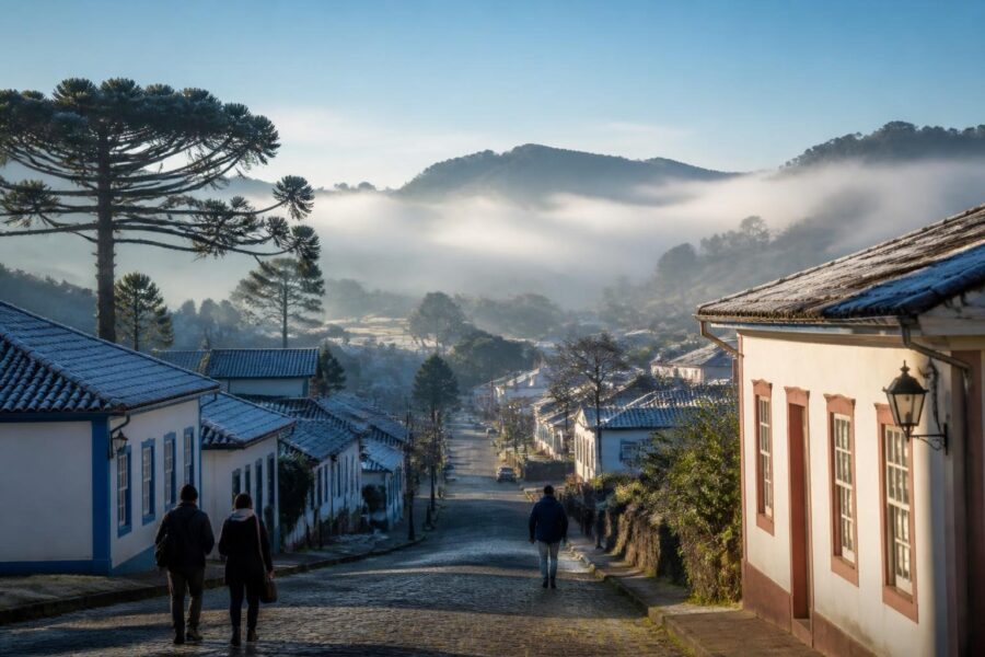 Vista de uma pequena cidade montanhosa do Nordeste com neblina e pessoas usando roupas de frio.
