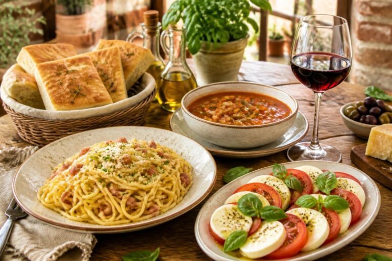 Mesa com pratos típicos da culinária italiana, incluindo espaguete, salada caprese, pão focaccia, sopa minestrone e um copo de vinho tinto.