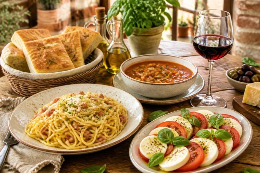 Mesa com pratos típicos da culinária italiana, incluindo espaguete, salada caprese, pão focaccia, sopa minestrone e um copo de vinho tinto.