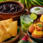 Mesa rústica com pratos tradicionais do Rio de Janeiro, incluindo feijoada, pastel, acarajé e uma caipirinha, decorada com folhas tropicais ao fundo.