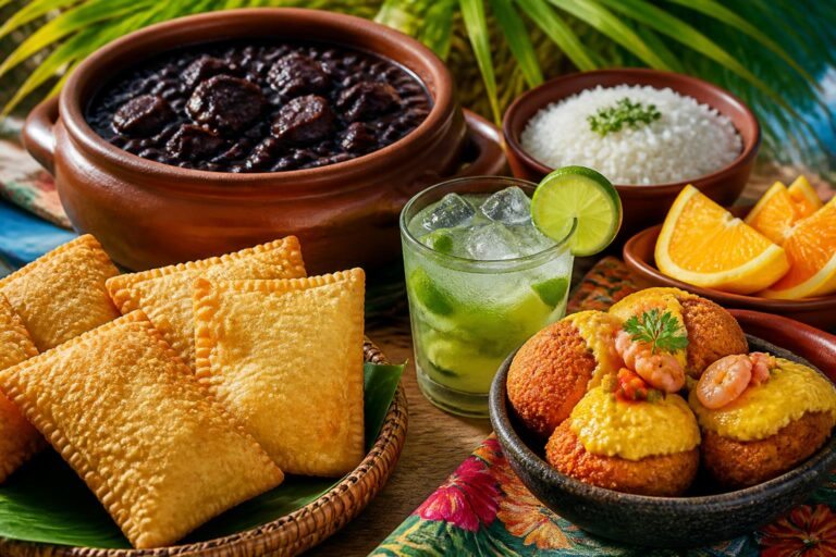 Mesa rústica com pratos tradicionais do Rio de Janeiro, incluindo feijoada, pastel, acarajé e uma caipirinha, decorada com folhas tropicais ao fundo.