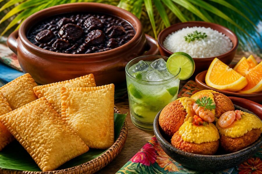 Mesa rústica com pratos tradicionais do Rio de Janeiro, incluindo feijoada, pastel, acarajé e uma caipirinha, decorada com folhas tropicais ao fundo.