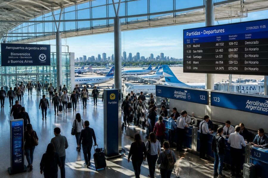 Terminal de aeroporto movimentado em Buenos Aires com passageiros, balcões de check-in e aviões estacionados ao fundo.