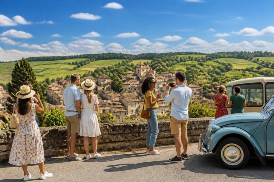 Grupo de turistas aproveitando um passeio de um dia na zona rural próxima a Paris, com casas tradicionais e colinas verdes ao fundo.