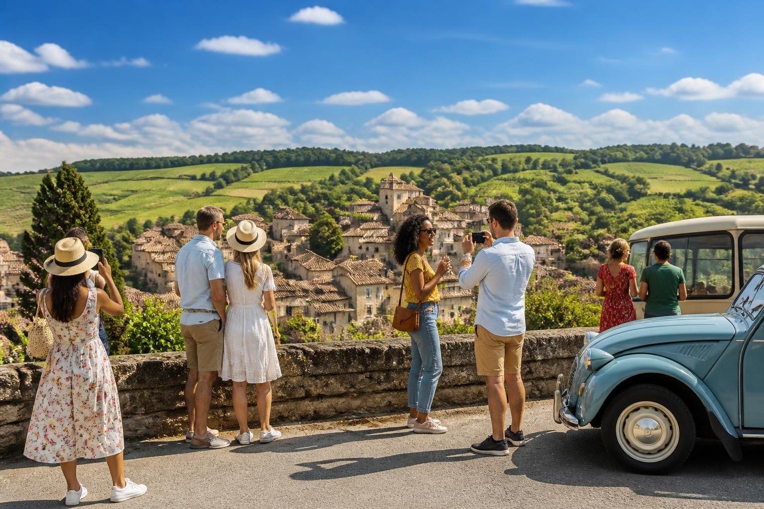 Grupo de turistas aproveitando um passeio de um dia na zona rural próxima a Paris, com casas tradicionais e colinas verdes ao fundo.