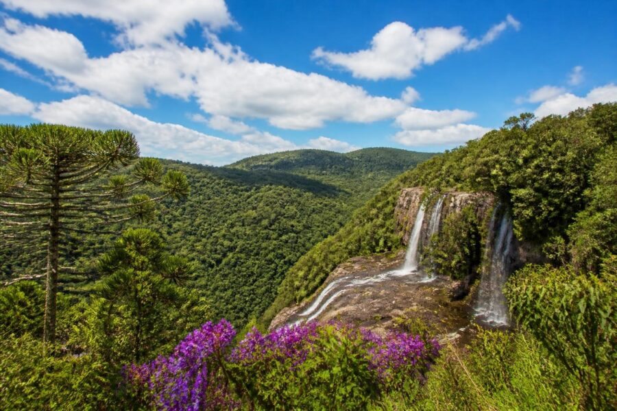 Paisagem natural com colinas verdes, vegetação densa, rio ou cachoeira e céu azul perto de Curitiba.