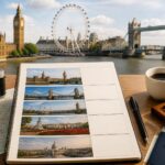Mesa com caderno aberto, caneta, mapa de Londres, câmera e óculos de sol, com pontos turísticos de Londres ao fundo.