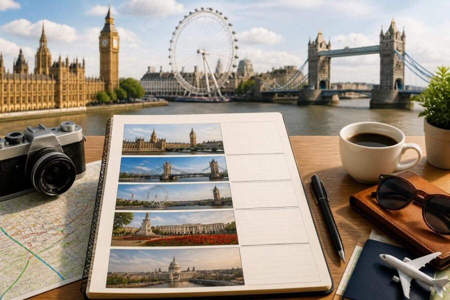 Mesa com caderno aberto, caneta, mapa de Londres, câmera e óculos de sol, com pontos turísticos de Londres ao fundo.