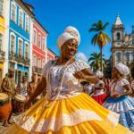 Pessoas vestidas com roupas tradicionais dançando e tocando tambores em frente a prédios coloridos no Pelourinho, Salvador, Bahia.