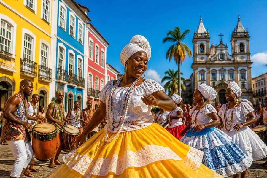 Pessoas vestidas com roupas tradicionais dançando e tocando tambores em frente a prédios coloridos no Pelourinho, Salvador, Bahia.