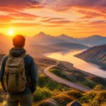 Pessoa com mochila olhando para o nascer do sol em uma estrada que leva a montanhas ao longe, com vegetação ao redor e céu colorido.