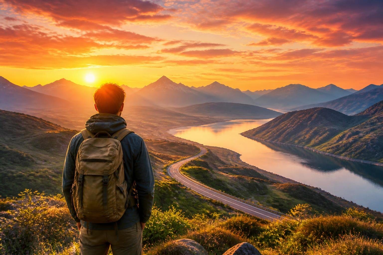 Pessoa com mochila olhando para o nascer do sol em uma estrada que leva a montanhas ao longe, com vegetação ao redor e céu colorido.