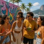 Grupo de jovens conversando e rindo em uma rua colorida do Rio de Janeiro, com grafite e elementos típicos da cidade ao fundo.