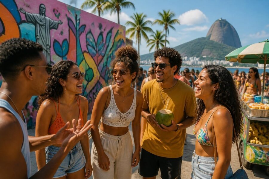 Grupo de jovens conversando e rindo em uma rua colorida do Rio de Janeiro, com grafite e elementos típicos da cidade ao fundo.