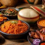 Mesa com pratos tradicionais de comidas de origem africana, incluindo arroz jollof, frango grelhado, fufu, ensopado de amendoim, banana-da-terra frita e vegetais frescos.