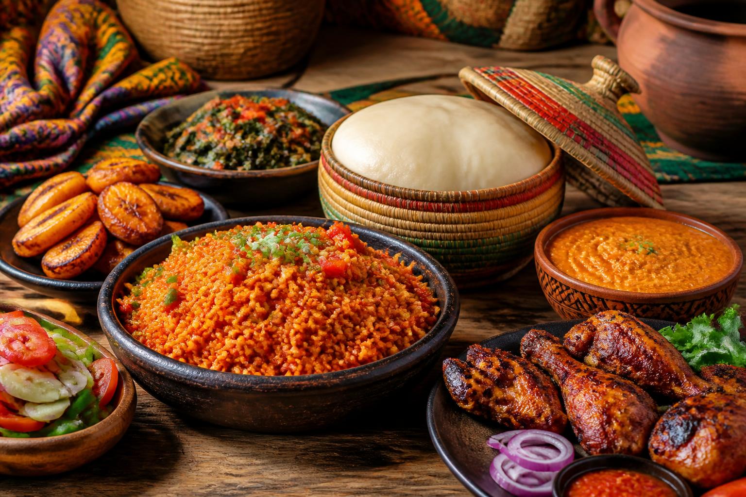 Mesa com pratos tradicionais de comidas de origem africana, incluindo arroz jollof, frango grelhado, fufu, ensopado de amendoim, banana-da-terra frita e vegetais frescos.