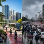 Cena dividida mostrando um lado com parque verde, pessoas felizes e transporte público em Curitiba, e o outro lado com chuva, trânsito congestionado e obras na cidade.