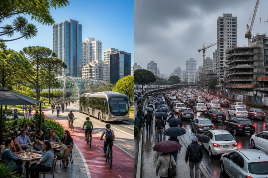 Cena dividida mostrando um lado com parque verde, pessoas felizes e transporte público em Curitiba, e o outro lado com chuva, trânsito congestionado e obras na cidade.