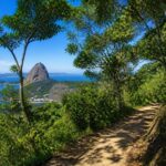 Trilha da Urca com vegetação densa, caminho de terra e vista do Pão de Açúcar ao fundo sob céu azul.