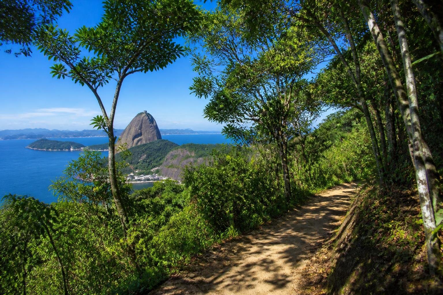 Trilha da Urca com vegetação densa, caminho de terra e vista do Pão de Açúcar ao fundo sob céu azul.