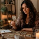 Pessoa sentada à mesa com cartas de tarô espalhadas, segurando uma carta e olhando atentamente, em um ambiente calmo com vela acesa e cristais.