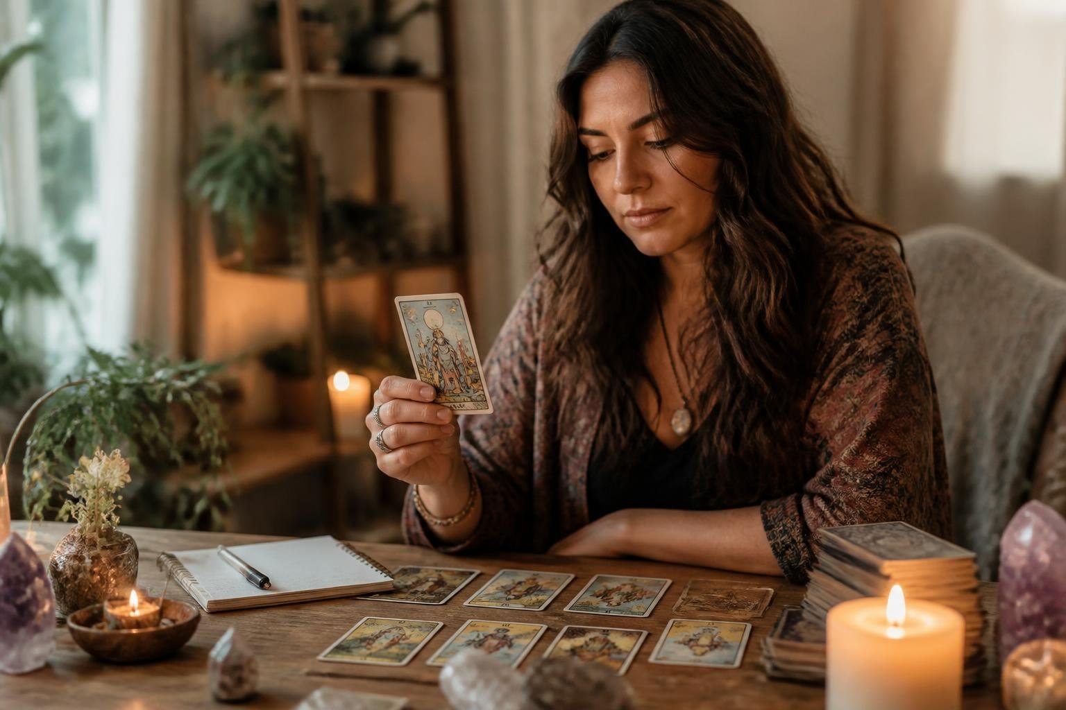 Pessoa sentada à mesa com cartas de tarô espalhadas, segurando uma carta e olhando atentamente, em um ambiente calmo com vela acesa e cristais.