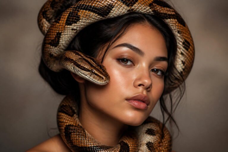 Pessoa com uma cobra enrolada na cabeça, em uma pose calma e serena.