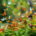 Um grande grupo de borboletas coloridas voando entre flores e folhas verdes em um ambiente natural durante o dia.