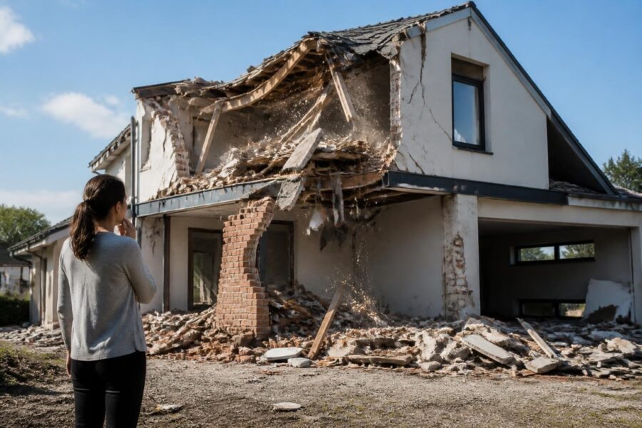 Pessoa olhando para uma casa moderna parcialmente destruída com destroços caindo ao redor.
