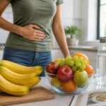 Bananas frescas em uma tábua de cortar em uma cozinha moderna, com uma pessoa ao fundo segurando o lado do corpo com expressão de leve desconforto.