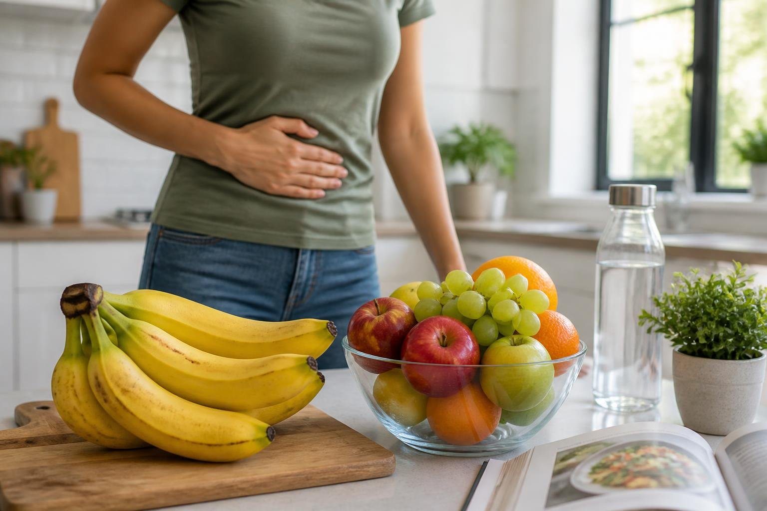 Bananas frescas em uma tábua de cortar em uma cozinha moderna, com uma pessoa ao fundo segurando o lado do corpo com expressão de leve desconforto.