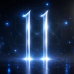 Duas linhas verticais brilhantes lado a lado com luzes suaves e formas geométricas ao fundo, transmitindo um significado espiritual do número 11.
