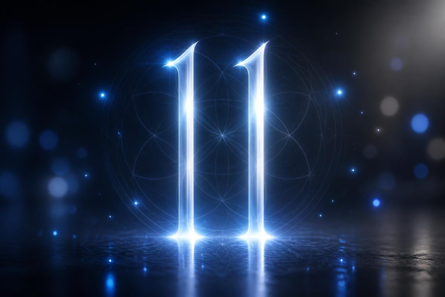 Duas linhas verticais brilhantes lado a lado com luzes suaves e formas geométricas ao fundo, transmitindo um significado espiritual do número 11.